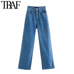 TRAF Mujeres Moda Bolsillos laterales Faded Pierna ancha Jeans Vintage Cintura alta Cremallera Fly Denim Pantalones femeninos Mujer 210809