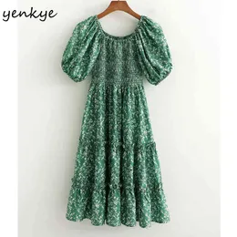 Preria elegancka letnia sukienka kobiety zielony kwiatowy druk żeński latarnia rękawa o szyi długość kolana duży huśtawka vestido 210430