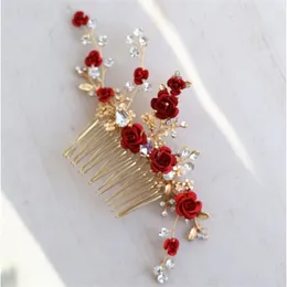 Jonnafe Red Rose Floral Headpiece For Women Prom Rhinestone Bridal Hair Comb Accessories Handmade Wedding Hair Jewelry X0625