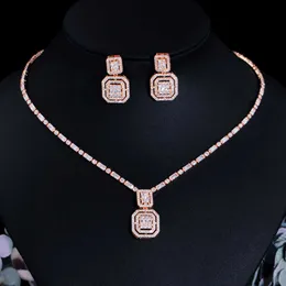 Cwwzircons glänsande baguette cubic zirconia bröllop brud party halsband örhängen mode guld färg smycken set tillbehör t583 h1022