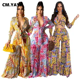 CM.YAYA Herbst Frauen Set Volle Hülse V-ausschnitt Crop Tops Breite Bein Hosen Zwei 2 Stück Sets Straße Trainingsanzug Chiffon strand Outfits 211105