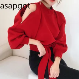 Korean Chic Loose Autumn Winter Vintage Red Off Shoulder Long Sleeve Knit Lace Up Round Neck Sweater Women Full Pullovers White 210610