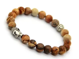 Hot Sale Smycken Naturlig bild Jasper Loose Semi Precious Stone Pärlor Mäns Antika Silver Buddha Armband, Strech