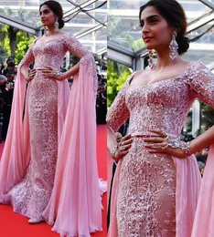 Beaded Classy Pink Mermaid Overskirts Evening Dresses Long Sleeve Crystal Lace Appliqued Prom Gowns Sequined Red Carpet Dress