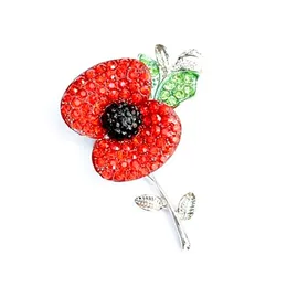 DHL FEDEX EMS EXPRESS FREE SHIPPING B728 Silver Tone Bright Red Austria Crystals Poppy Flower Pin Brooch Wholesale Poppy Brooches