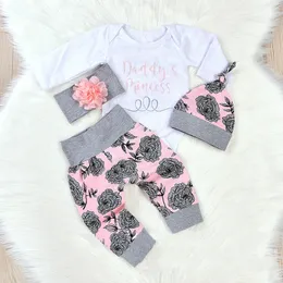 New Arrival Baby Clothing Set Little Girls Romper Jumpsuit Pants Headband Hats 4PCS Boutique Girls Set Cotton Newborn Baby Girl Clothes