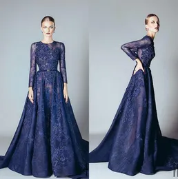 Royal Blue 2016 Ellie Saab Avondjurken A-lijn Ruches Beaded Applicaties Kantjurken Prom Party Jurken Lange Mouwen Dubai Arabisch Vestidos