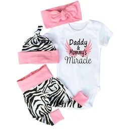 Baby Girl Clothes Set Toddler Kläder Bomull Romper + Zebra Byxor + Hat + Bow Headband 4PCS Daddy Mommys Miracle Kids Girls Outfits