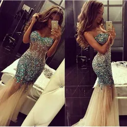 Sparkly Artificial Rhinestone Beaded Mermaid Prom Dresses Luxury Crystal Sweetheart Champagne Tulle Long Teens Backless Aftonklänning