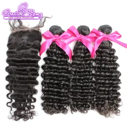 Brazilian Deep Wave Bundles with Closure 100 Unprocessed Virgin Deep Curly Weave Human Hair Bundles with 4x4 Free Part Lace Closure Natural Color for Black Women SALE