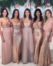 Neue billige arabische Bling Rose Pailletten Brautjungfernkleider Mix Style für Hochzeit