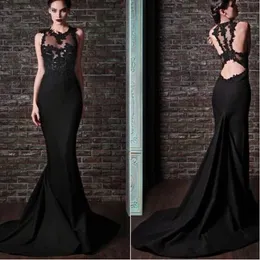 Prom Dresses Black Crew Dekretki Sheer Bodice Koronki Aplikacje Backless Rami Kadi Syrenka Suknie Wieczorowe