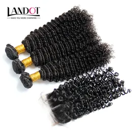 Peruvian Kinky Curly Virgin Hair With Closure 7A Grade Unprocessed Deep Curly Human Hair Weaves 3Bundles And 1Pcs Top Lace Closures Size 4x4