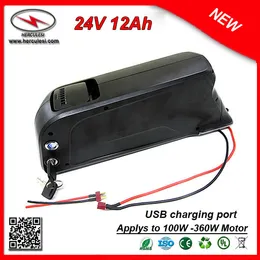 New Bottle Dolphin Case 350W E-Bike Battery 24V 12Ah Lithium 24V Bateria Litio 24V with 2A Charger 15A BMS USB Port