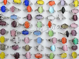 Mieszane Assorted Kolorowe Naturalne Cat Eye Gemstone Kamień Srebrny Tone Damskie Pierścionki R0135 Nowa Biżuteria 50 sztuk / partia