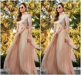 Champange Abaya Sequined Long Sleeve Aftonklänningar Jalabiya Marockansk Chiffon Long Prom Klänningar Arabisk Party Dress Bo7735