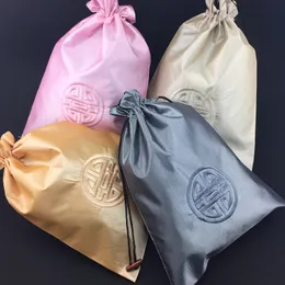 Chinese Embroidery Lucky Silk Drawstring Shoe Bags for Travel Storage Pouches Satin Carry Bag for Shoes Dust Cover with Lined 20pcs/lot