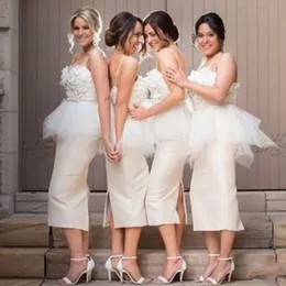 Elegant Sheath Column Tea Length Bridesmaids Dresses Spaghetti Straps Appliques Top Peplum Wedding Guest Party Gowns Custom Made Plus Size