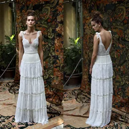 Vestidos de renda profundo decote em v lihi hod camadas sem costas vestido de noiva varredura trem arco primavera praia contas vestidos de casamento