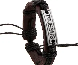 2015 latest version punk style 100% genuine leather bracelet alloy LO JESUS Couple Hemp rope adjustable bracelet 20pcs/lot