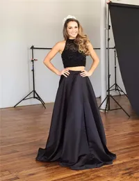New Arrival 2016 Spring Two Peices Sexy High Neck Long Prom Dresses A Line Black Satin Beading Party Gowns Lady Special Occasion Dresses