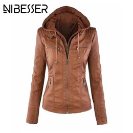 Wholesale- NIBESSER Faux Leather Jacket Women Autumn Winter 2017 Long Sleeve Hooded PU Jacket Coats Motorcycle Overcoats Plus Size 5XL Z30