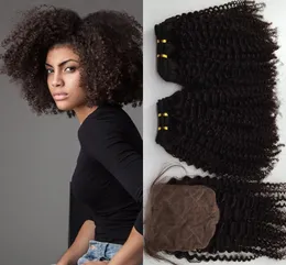 Afro Kinky Curly 4 * 4 Silk Zamknięcie Z 2 SZTUK Brazylijski Włosy Naturalny Kolor Ludzki Włosy Tanie Dziewicze Włosiane Wiązki Z Zamknięciem 3 sztuk / partia