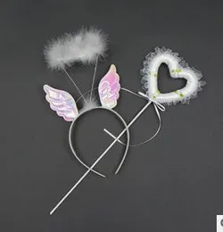 Girls fairy wings headband wands set feather hair band lace ribbon heart shape magic wand children party performance props festive supplies