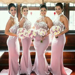 Elegant Plus Size Bridesmaids Dresses High Neck Halter Sleeveless Mermaid Bridesmaid Dress 3d Floral Appliques Wisteria Custom Made Gowns