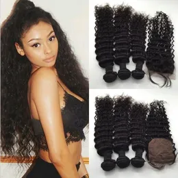 Peruvian Virgin Deep Wave Human Hair Silk Base Closure With Bundles 4pcs / Lot Naturlig Svart Våt och Vågig Med Silk Top Lace Closes