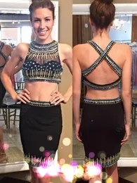 Little Black Short Prom Dress Halter Beaded Collar with Sequins Beading and Crystal Backless Party Dresses Homecoming Dresses Cheap