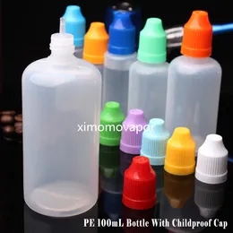 PEスタイル100mlプラスチックe液体ボトルドロッパーと子どものプルーフキャップ長い薄い先端600pcs/lot