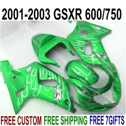 مجموعة fairings abs للدراجات النارية لهب أبيض SUZUKI GSX-R600 GSX-R750 2001-2003 K1 باللون الأخضر طقم أدوات GSXR600 / 750 01 02 03 SK16