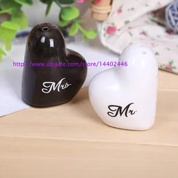 50sets 100pcs Mr och Mrs. Heart Shaped Ceramic Salt Pepper Shakers + Bröllop Bridal Shower Favors Gifts