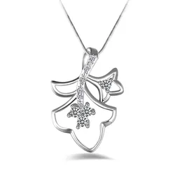 Gratis frakt Fashion High Quality 925 Silver Double Leaves White Diamond Jewelry 925 Silver Necklace Valentine's Day Holiday Gifts Hot 1666