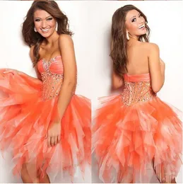 On sale best selling beaded sheer tulle mini ruffle orange graduation dresses formal girls party gown cheap short prom dress