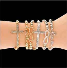 fashion Totally Hand-made full rhinestone cross 8 love Charm elastic rope Beaded Chain Strands Bracelets Cheap for Company activities gift