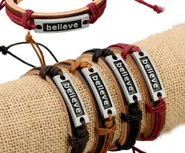 2015 última versión estilo punk 100% pulsera de cuero genuino hecha a mano aleación hombres mujer cree cuerda pulsera ajustable 20 unids/lote