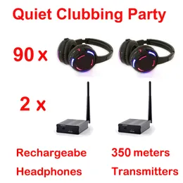 Sistema silencioso Sistema completo de fones de ouvido sem fio LED preto - pacote silencioso de festas de discoteca com 90 fones de ouvido e 2 transmissores até 500m de distância
