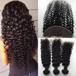 Brazillian Virgin Hair Deep Wave Brazilian Hair Weave Bundles With Frontal Closure Hair Lace Closure Wet And Wavy Human Hair