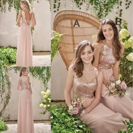 Cheap Rose Gold Bridesmaid Dresses A Line Spaghetti Backless Sequins Chiffon Cheap Long Beach Wedding Gust Dress Maid of Honor Gowns