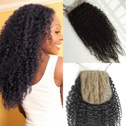 7A Virgin Indian Silk Base Closure Afro Kinky curly,4x4 Silk Lace Closure,Cheap Free/Middle/3 Part Silk Base Closure Bleached Knots