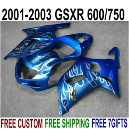 7 gifts + New ABS fairing kit for SUZUKI GSX-R600 GSX-R750 2001-2003 K1 GSXR 600 750 white flames in blue fairings set 01-03 RA59