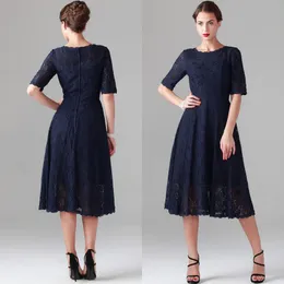 2016 Wholesale Mother Off Bride Dresses Plus Size Sexy Jewel Neck Sheer Lace Half Sleeve Elegant Dark Navy A-Line Mother of The Groom