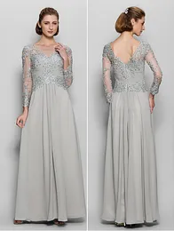 Silver Floor-length Long Sleeve Chiffon Applique Scoop A-line Mother of the Bride Dress