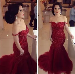 2016 Hot Dark Red Mermaid Evening Dresses Off The Shoulder Sexy Lace Beaded Crystal Pageant Prom Gowns Vestidos De Noiva Tulle Arabic Dress