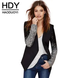 HDY Haoduoyi Slim Women Pu Patchwork Black Silver Sequins Jackor Full Sleeve Mode Vinterrock för Partihandel Q1109
