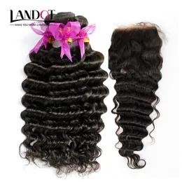 Brasiliano Deep Wave Capelli vergini 4 pacchi con chiusure in pizzo peruviano Malese indiano cambogiano profondo ricci capelli umani tesse nero naturale