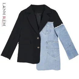 Lanmrem jesień luźny garnitur szwy denim płaszcz nieregularne pojedyncze breaded kurtka slim kobieta moda tido 2a04505 211014