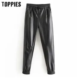 Jesień Zima Faux Leather Jogger Spodnie Elastyczne Talii Ołówek Wysokie Spodnie Kobiety Streetwear 210421